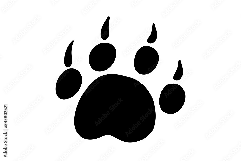 Paw print with claws. Trace of  wild animal. Pawprint of cat, dog, mink, lion, tiger, bear. Vector black icon illustration on a white background.