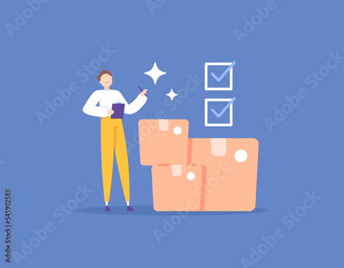 warehouse manager or supervisor. stock opname and stock take. inventory management and inventory control. a worker checks and counts incoming goods. Check the amount of stock inventory. illustration