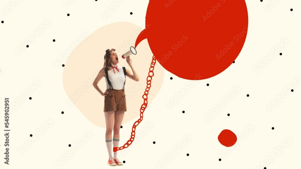 Young girl in retro style outfit with megaphone isolated on abstract background. Contemporary art collage. Inspiration, idea, trendy. 2D stop motion animation