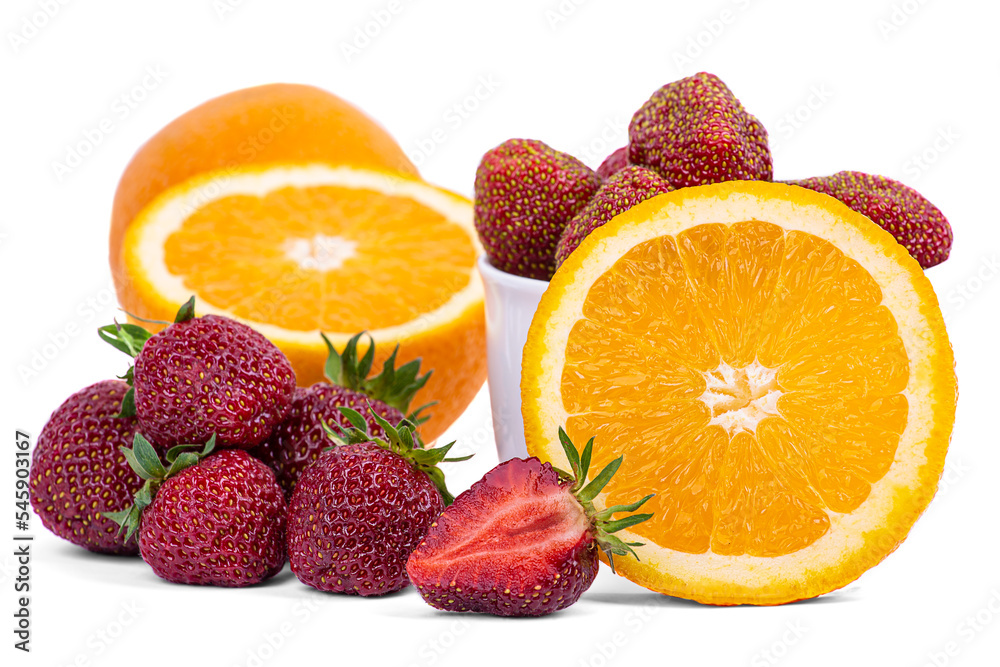 Juicy piece of orange and ripe strawberries on a white background close-up Juicy piece of orange and ripe strawberries on a white background close-up