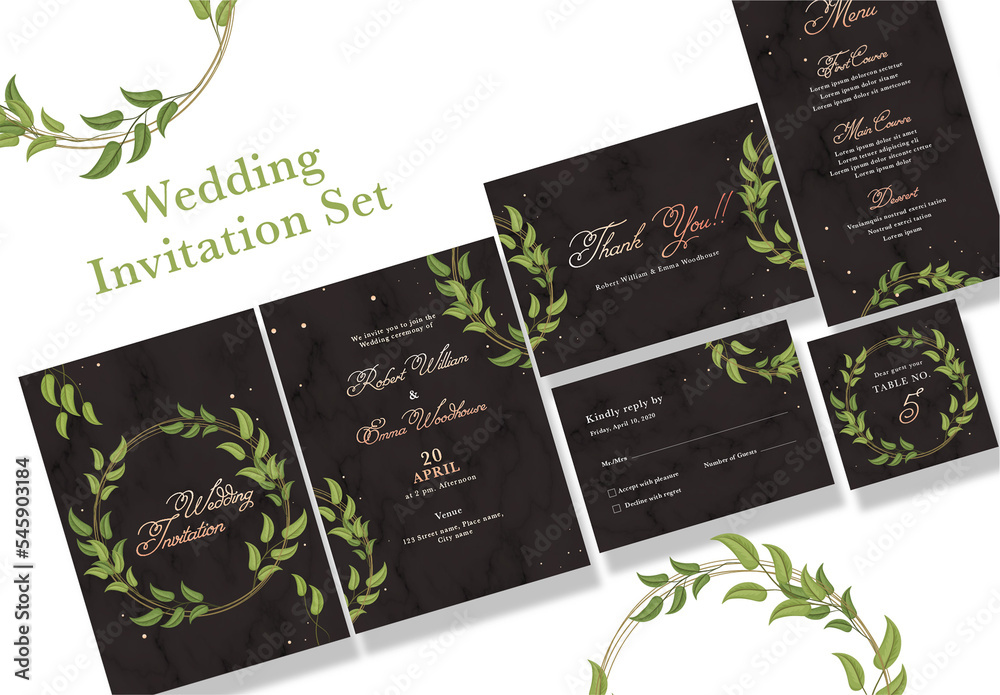 Wedding Invitation or Stationery Set decorated with green leaves. Stock