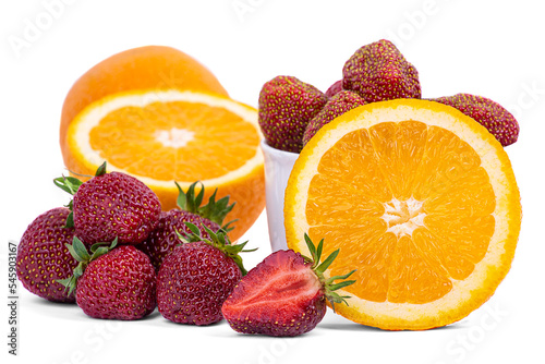 Juicy piece of orange and ripe strawberries on a white background close-up