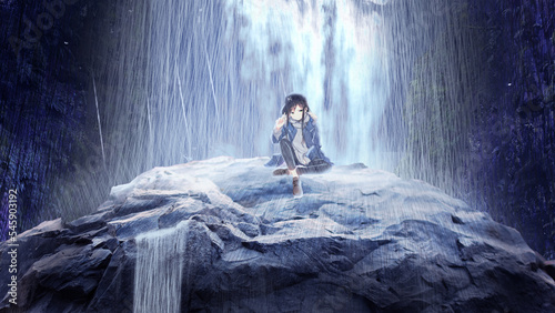 a anime boy on the rock rain waterfall digital art ,type painting ,3d illustration , high definition , wallpaper