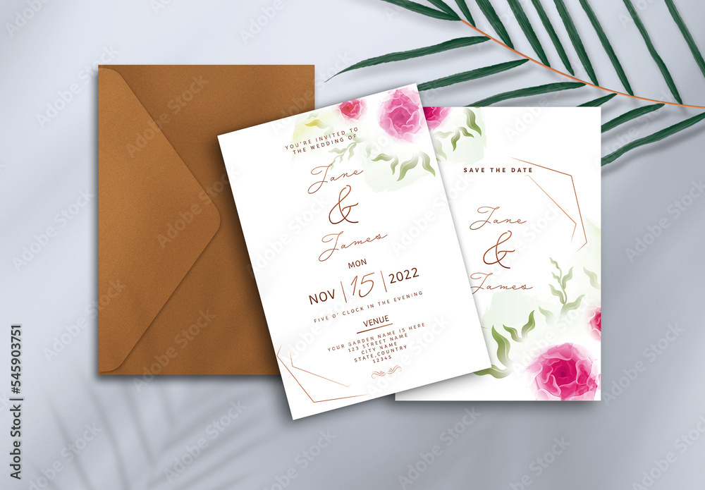 Wedding Invitation or stationery mockup with envelope with green leaves