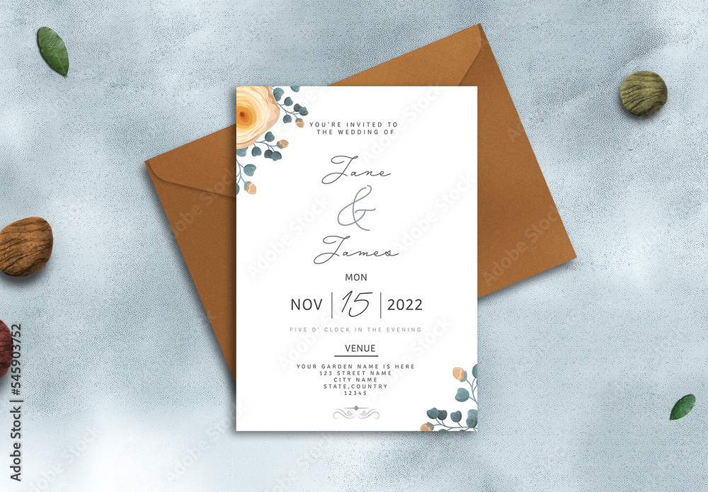 Wedding Invitation or stationery mockup with envelope. Top view