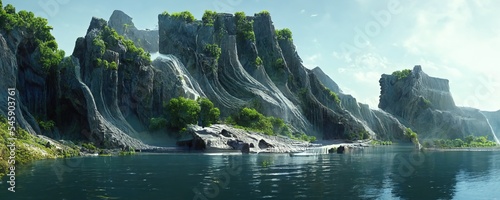 Fotografia, Obraz futuristic landscape with cliffs and water illustration art