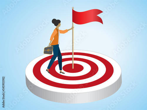 l
Woman put down flag in bulls eye on dart board. Strategy, plan and reach the goal Vector illustration.
 photo