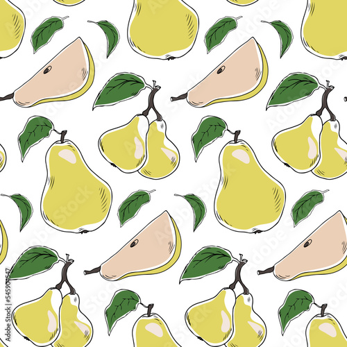 Vector seamless pattern with doodle style yellow pears and leaves