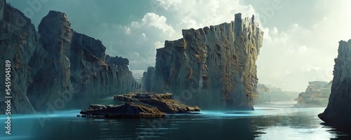 Fotografia futuristic landscape with cliffs and water illustration art