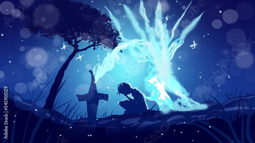 a boy and dog soul at night time crying scene digital art ,type painting ,3d illustration , high definition , wallpaper
