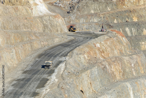 View of Mining activity in Minas de Riotinto in Spain. Apocalypse scenery. Mining village in Andalusia. Earth destruction. Disruption of nature. Extracting natural resources from the Earth.