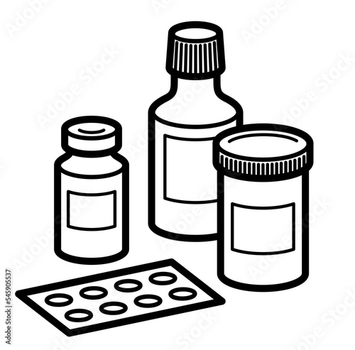 Medicine pharmacy theme medical bottles 3d vector illustration isolated, medicaments and drugs, health care meds cartoon, vitamins or antibiotics, simple linear design.