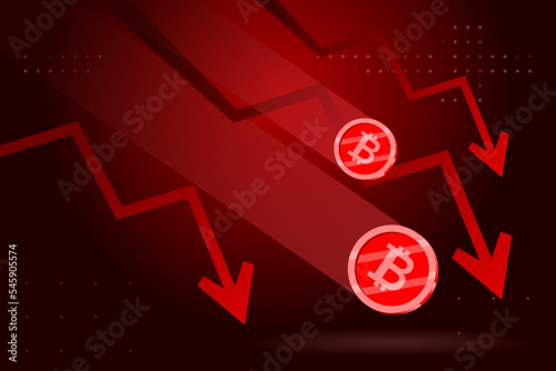 Bitcoin graph falling down vector illustration. Cryptocurrency price crash.Crypto coin burning red. Cryptograph stock market investment crisis, bear market.
