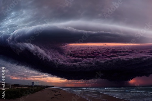 Stormy Arcus shelf cloud approaching the Frankston coastline in the afterglow of sunset with apocalyptic blues and purples aerial panoramic photo