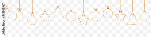 Christmas ball golden line icon.Set of simple golden christmas balls isolated on transparent background. Christmas decoration.Christmas and New Year seamless banner or border.Golden angel