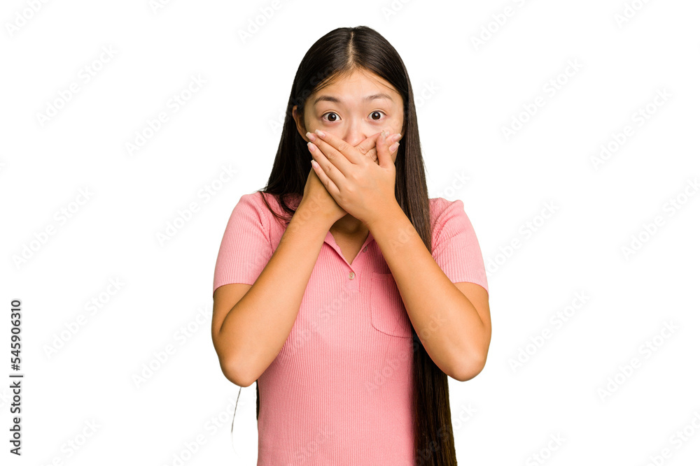 Young Asian woman isolated covering mouth with hands looking worried. Young Asian woman isolated covering mouth with hands looking worried.