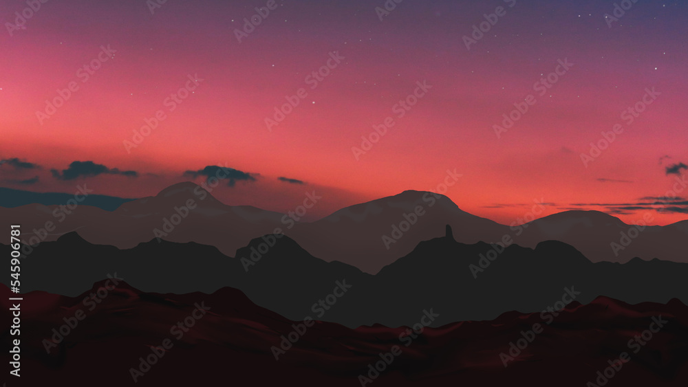 sunset evening time mountains scene horizon view 
digital art ,type painting ,3d illustration , high definition ,  wallpaper