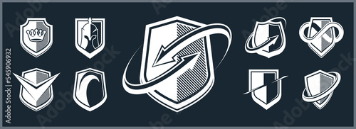 Classic shields shapes set with different additional elements vector symbols set, defense and safety icons, ammo emblems collection.