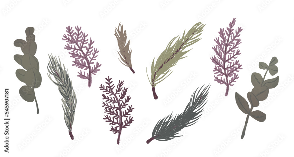 Conjunto de elementos florales de otoño, ramitas de árbol. Recurso de ramitas de otoño vectorizadas en colores otoñales o de invierno, morados, ocres y verdes