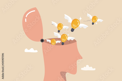 Idea generation, develop new idea or solution to solve problem, thinking process to generate creativity or answer, learning or brainstorm concept, bright lightbulb ideas flying from genius human head.