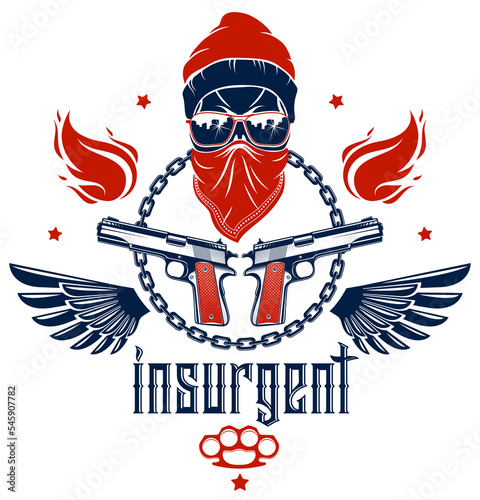 Revolution and Riot wicked emblem or logo with aggressive skull, weapons and different design elements , vector tattoo, anarchy and chaos, rebel partisan and revolutionary.