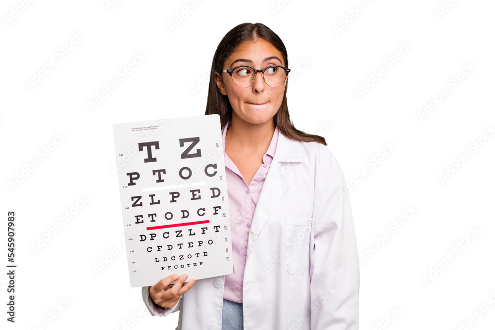 Young caucasian oculist woman isolated confused, feels doubtful and unsure. Young caucasian oculist woman isolated confused, feels doubtful and unsure.