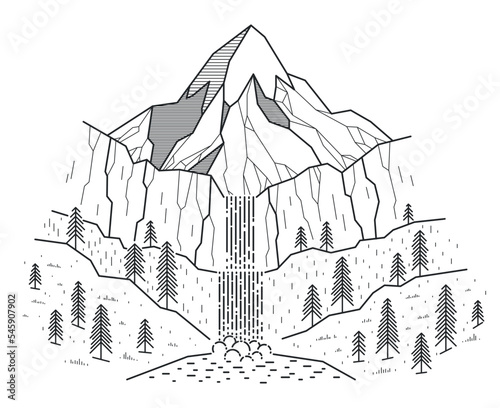 Beautiful waterfall from high mountains range vector illustration isolated on white, beauty in nature theme, hiking camping and travel theme line art drawing.