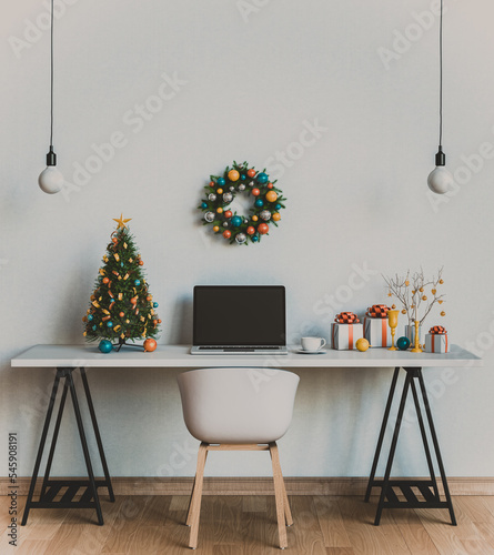 chrismas tree and gift and laptop on table  in  work room. 3D render