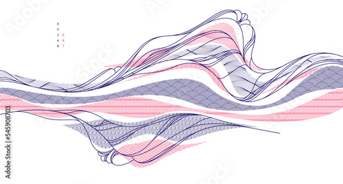 Nature art oriental Japanese style vector abstract background, runny like water shapes and lines with textures.