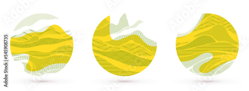 Oriental Japanese style vector abstract illustrations set in yellow color in a shape of circle, backgrounds in Asian traditional style, wavy shapes and mountains terrain, runny like sea lines.