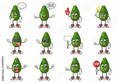 stock vector set of cute avocado cartoon mascot with face expression on a white background