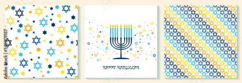 Happy Hanukkah card with nine-branched candelabrum Hanukkah menorah and Star of David Jewish symbol.