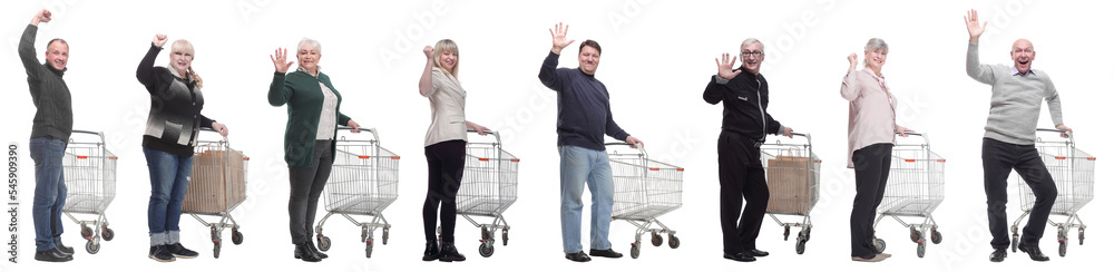 group of people with trolley greet isolated on white group of people with trolley greet isolated on white