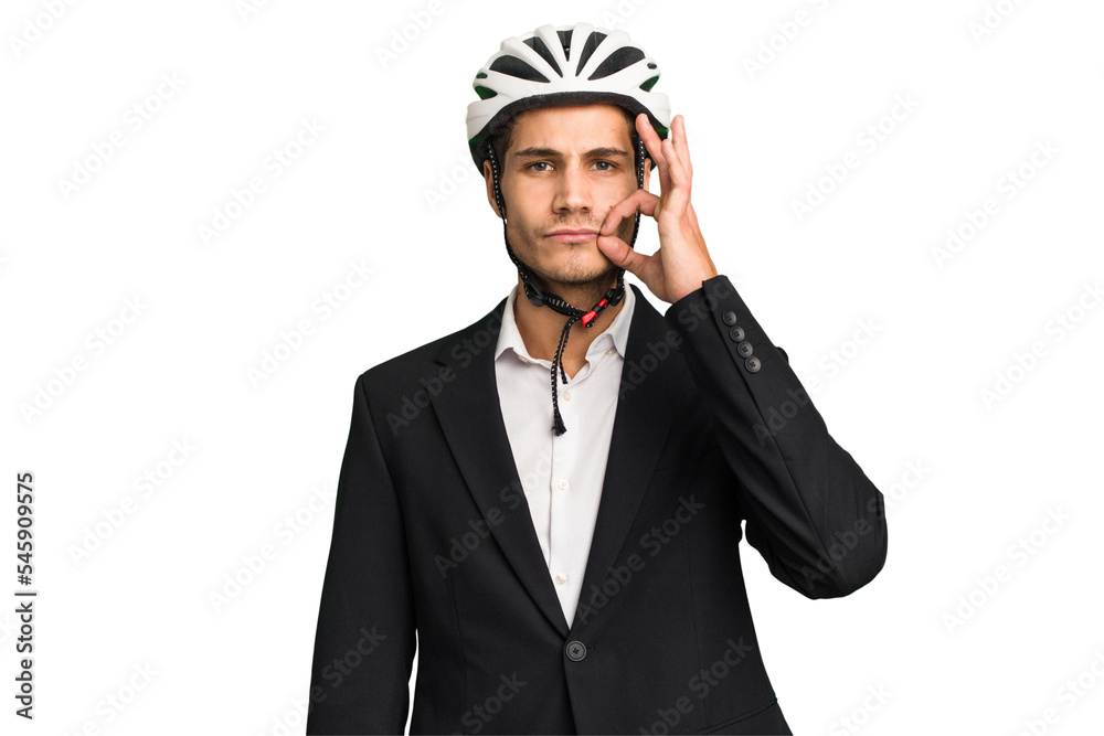 Business Caucasian man wearing a bike helmet isolated with fingers on lips keeping a secret. Business Caucasian man wearing a bike helmet isolated with fingers on lips keeping a secret.