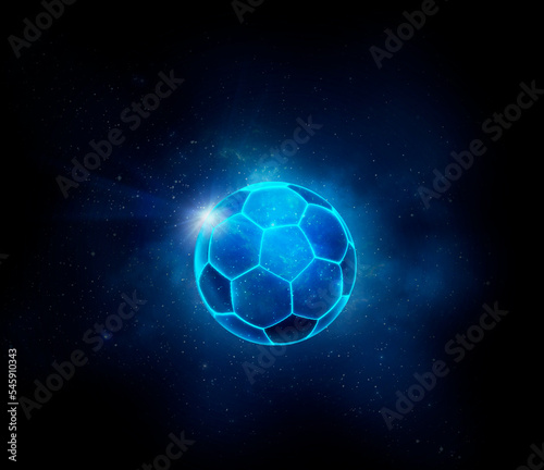 Soccer ball with futuristic blue glowing neon lights. ball game concept. 3d render