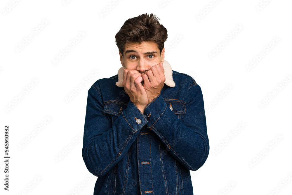 Young caucasian handsome man isolated biting fingernails, nervous and very anxious. Young caucasian handsome man isolated biting fingernails, nervous and very anxious.