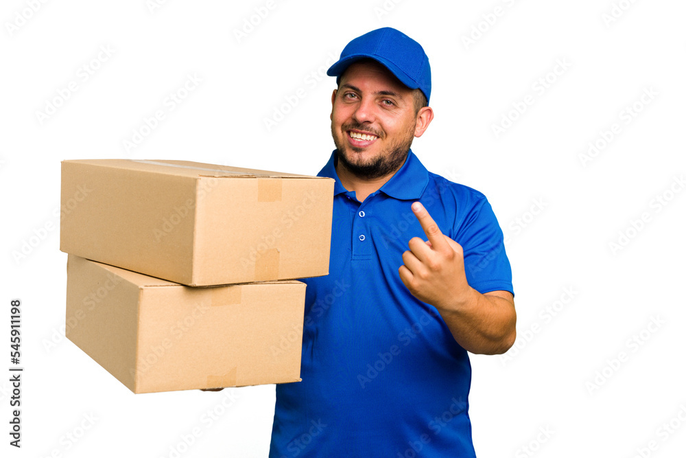 Delivery caucasian man isolated pointing with finger at you as if inviting come closer. Delivery caucasian man isolated pointing with finger at you as if inviting come closer.