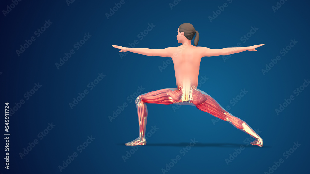 3D human Virabhadrasana II Variation extended warrior yoga pose on blue background