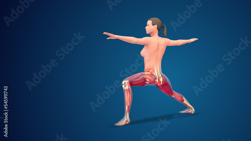 3D human Virabhadrasana II Variation extended warrior yoga pose on blue background