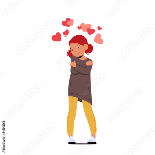Child Self Love Concept with Cute Baby Girl Character Embrace Herself with Hearts Around Isolated on White Background