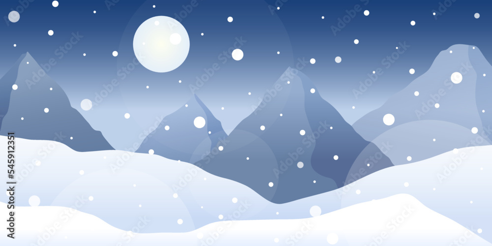 Winter night landscape with snow and mountains. Vector illustration