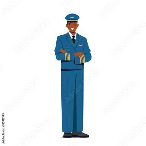 Pilot of Airplane Isolated on White Background. Aviation Aircrew Male Character Wearing Uniform, Jet Plane Captain