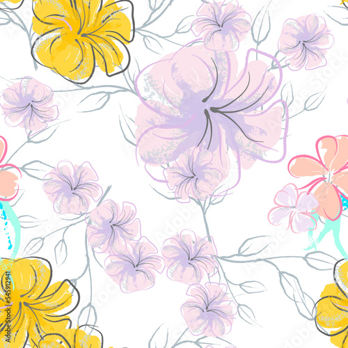 Pink Flowers Blooming Pattern. Pastel Watercolor.