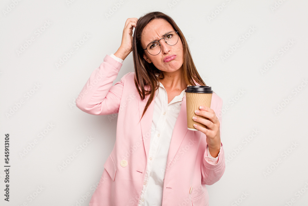 Business caucasian woman holding a take away coffee isolated on white background being shocked, she has remembered important meeting. Business caucasian woman holding a take away coffee isolated on white background being shocked, she has remembered important meeting.