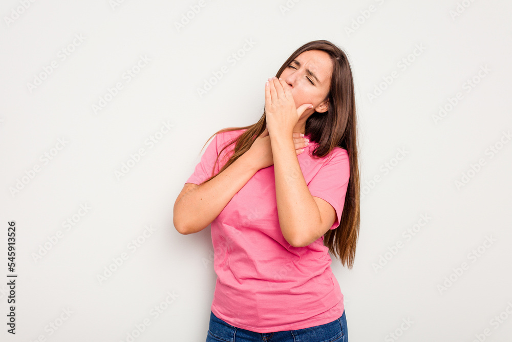 Young caucasian cute woman isolated on white background suffers pain in throat due a virus or infection. Young caucasian cute woman isolated on white background suffers pain in throat due a virus or infection.