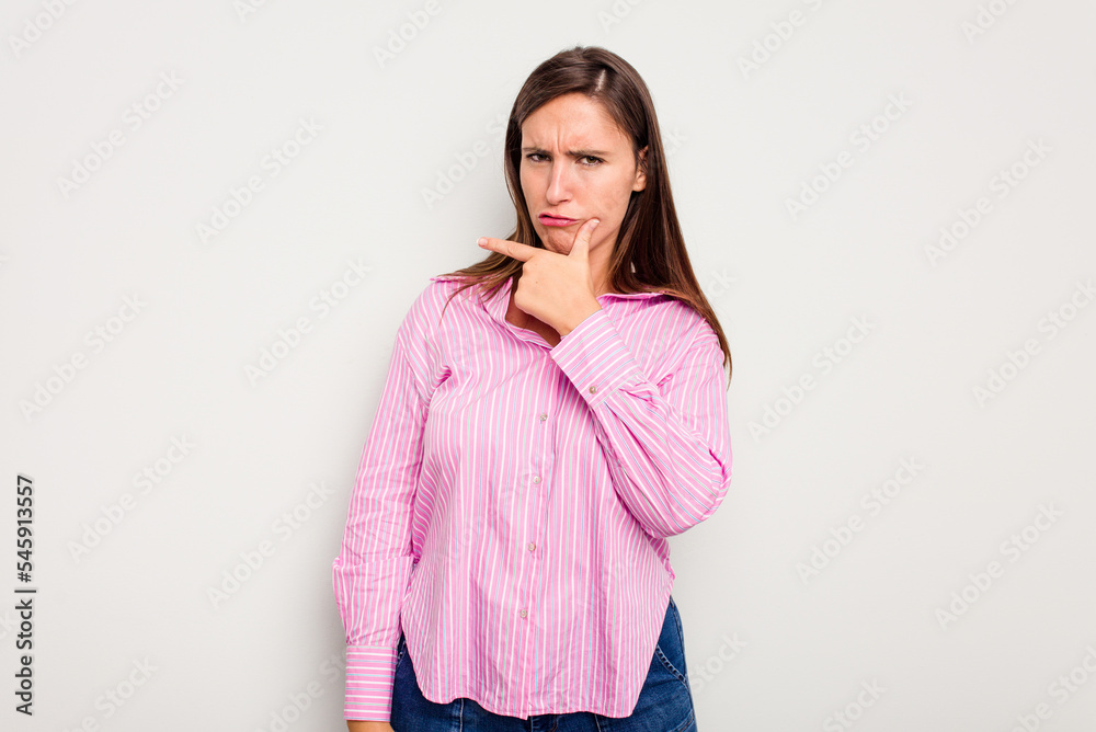 Young caucasian cute woman isolated on white background contemplating, planning a strategy, thinking about the way of a business. Young caucasian cute woman isolated on white background contemplating, planning a strategy, thinking about the way of a business.