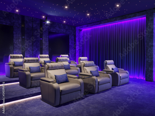Foto 3d render of a chic home cinema room with blue hidden lights and velvet armchairs with table lamps and a big movie screen