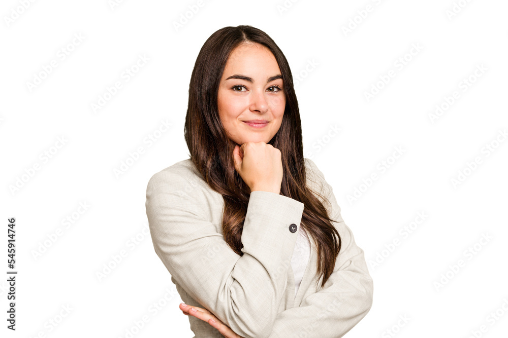 Young caucasian woman isolated on green chroma background smiling happy and confident, touching chin with hand. Young caucasian woman isolated on green chroma background smiling happy and confident, touching chin with hand.