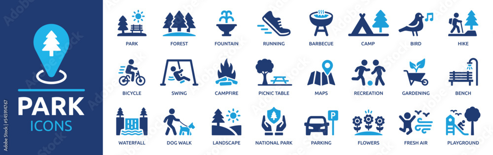 Park icon set. Containing forest, barbecue, camp, bench, picnic and playground icons. Park leisure and outdoor activity symbols. Solid icon collection. - obrazy, fototapety, plakaty 