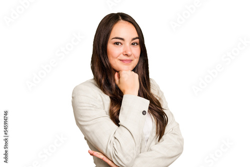 Young caucasian woman isolated on green chroma background smiling happy and confident, touching chin with hand.